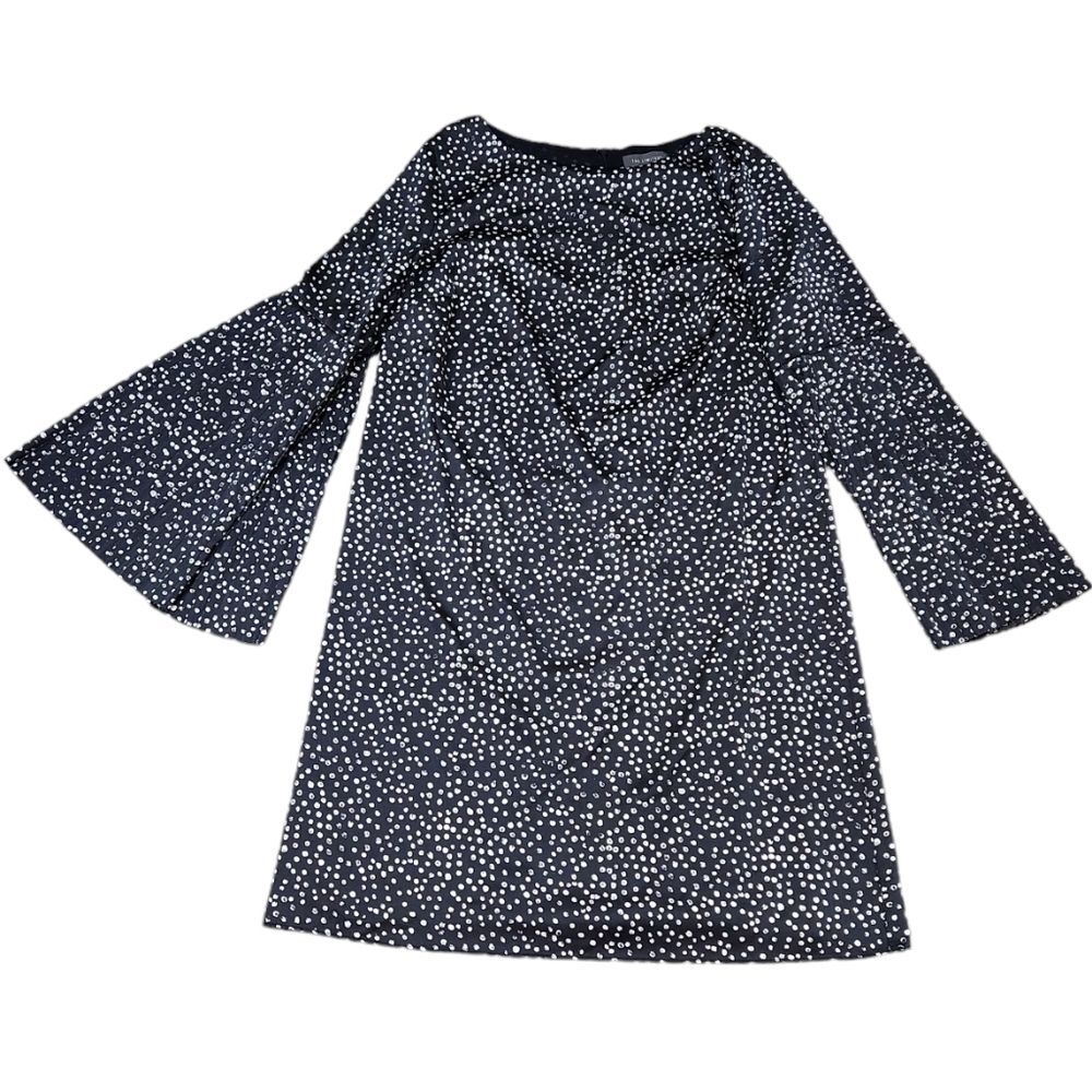 The limited Navy Blue Brush White Polka Dot Dress Long Bell Sleeves 10